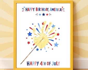 4th of July Handprint Craft Printable, Happy Birthday America Sparkler Keepsake, Patriotic Preschool Activity, July 4th Kids Craft