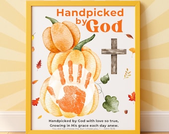 Christliche Kürbis-Handabdruck-Bastelidee, „Von Gott auserwählter“ Kürbis als Erinnerungsstück, Herbstliche Handabdruck-Vorlage mit christlichem Bezug, Vorschulaktivität zum Erntedankfest