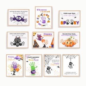 May include: A collection of framed Halloween-themed art prints. Each print features handprint art with various designs, including spiders, pumpkins, cats, and the text "Happy Halloween." The prints are in wooden frames.