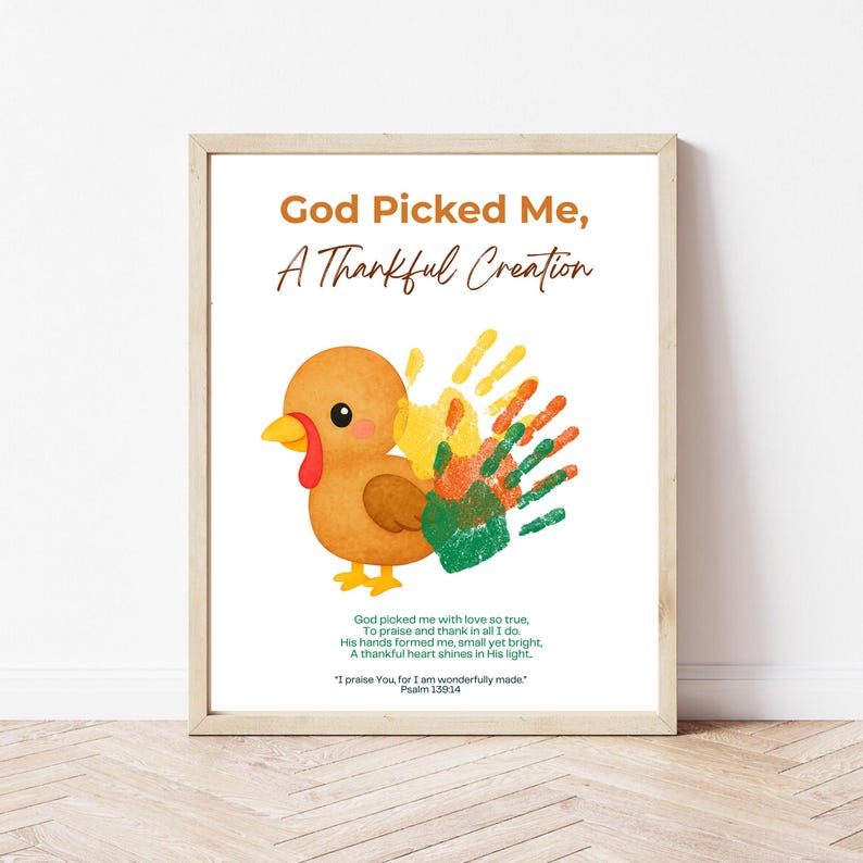 Christian Thanksgiving Handprint Craft for Kids Turkey Craft God Picked Me A Thankful Creation Printable Bible Verse Fall Sunday School Art image 10