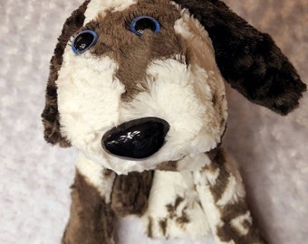 Brown and creme dog stuffy. Premium Shannon Minky Lux stuffed dog for birthday or hospital cheer brown cow print with fluffy ears