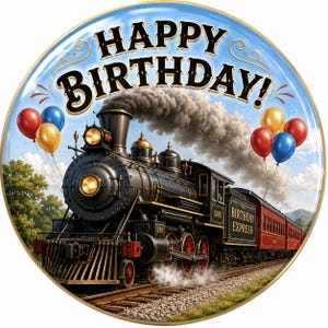 May include: A round decorative sign featuring a black steam locomotive on train tracks with the text "HAPPY BIRTHDAY!" at the top and "BIRTHDAY EXPRESS" on the side of the train. The scene includes colorful balloons and smoke.