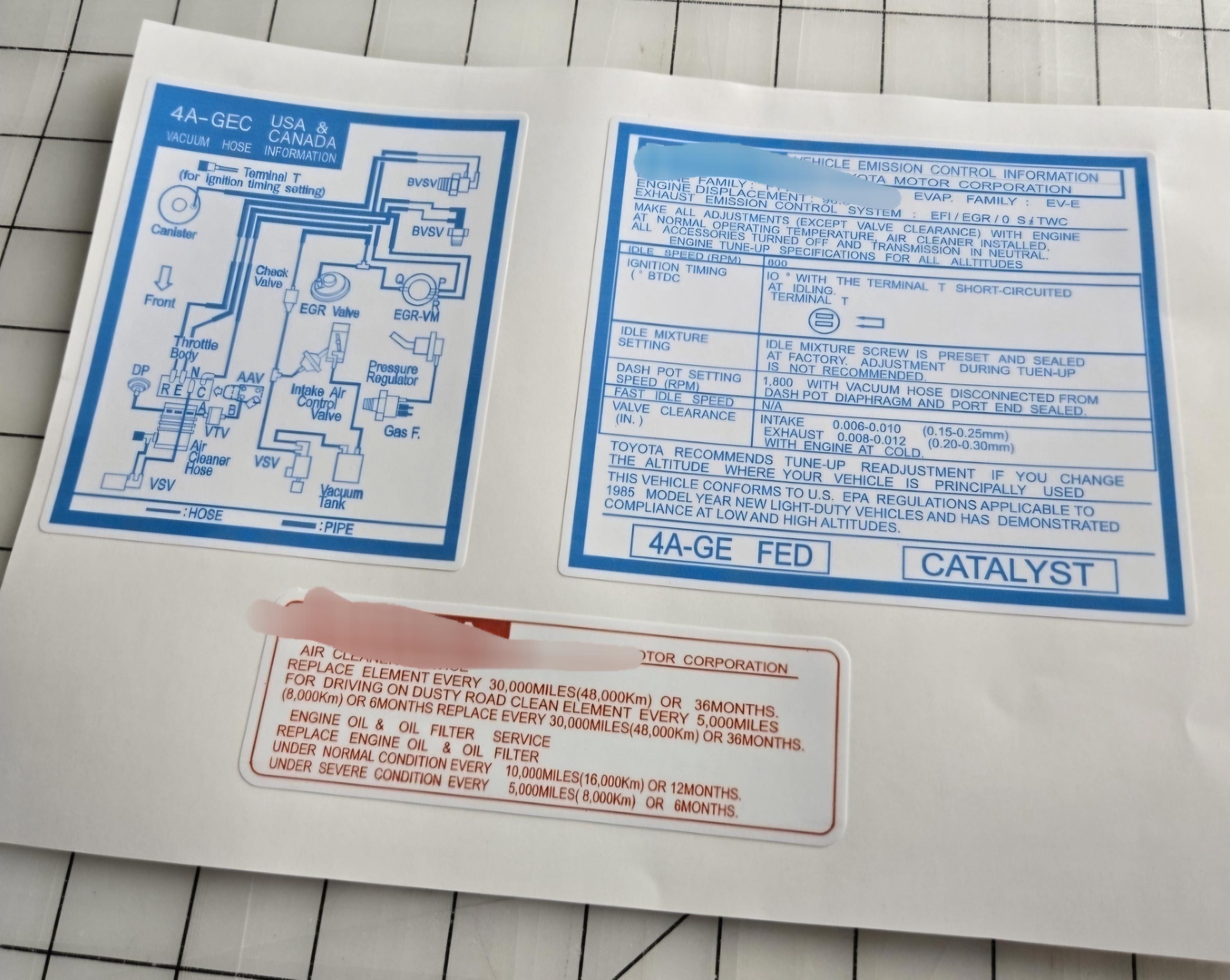 Vacuum, Emission Under Hood Labels for 4A-GE Corolla Ae86 - Etsy