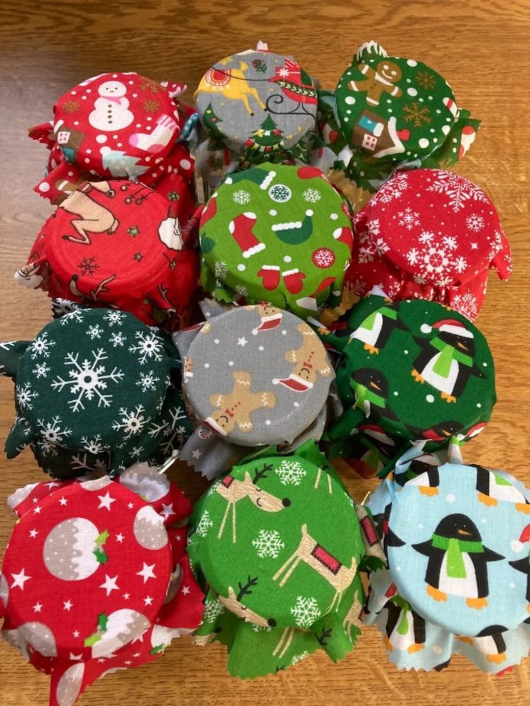 12 X Christmas Fabric Jam Jar Covers, Ideal for Jams, Chutney, Pickles