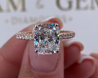 14k Two Tone Proposal Ring 4 Carat Certified E VS1 Cushion Cut Lab Grown Diamond Pave Set Engagement Ring Gift for Anniversary Etsy