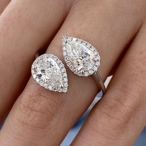 Pear Diamond Two Stone HaloSet Ring 2.28ct, White Gold 14K Exquisite Design Certified Unique Ring Certified E/VVS2 Lab Diamond, Gift for Her