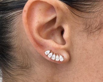 Solidne 14-karatowe różowe złoto, kolczyki „Wspinaczka” z diamentami w szlifie gruszkowym, diament o masie 1,6 ct E/VVS2, diament przyjazny dla środowiska, prezent urodzinowy