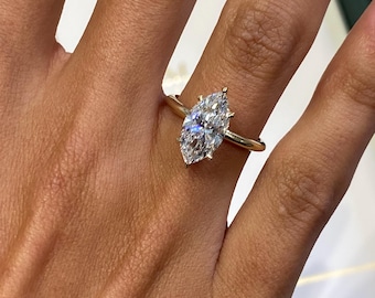 Perfect 2.5 Carat E/VVS2 Diamond Engagement Ring, 14k Yellow Gold, Marquise Cut Lab Created Diamond, Prong Setting, Classic Engagement Ring