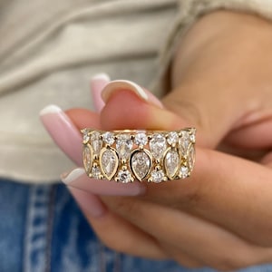 Anillo apilable con pavé de diamantes de talla pera y redonda de 1,58 quilates, anillo de diamantes cultivados en laboratorio E/VVS2, anillo de oro amarillo macizo de 14 k