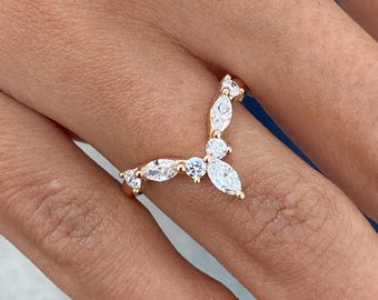 14K Rose Gold Ring, Marquise & Round Cut Diamond V Shape Ring, 0.6ct E/VVS2 Lab Created Diamond, Eco Friendly Diamond, Anniversary Gift