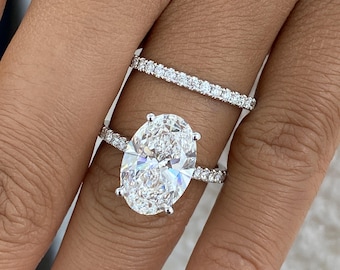 Anello di fidanzamento in oro bianco massiccio 14 carati, con diamanti taglio ovale, 5,9 ct E/VVS2 creati in laboratorio, diamanti ecologici, gioielli da sposa