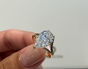 Anillo de diamantes de talla pera, gigantesco anillo de compromiso de diamantes creados en laboratorio de 3 quilates con certificación E/VVS2, solitario de oro amarillo de 14 k, anillo de propuesta