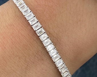 11.55 Ct Emerald Cut Lab Created Diamond Tennis Bracelet for Women, Solid 14K White Gold, Certified E/VVS2 Prong Set Diamond, Birthday Gift
