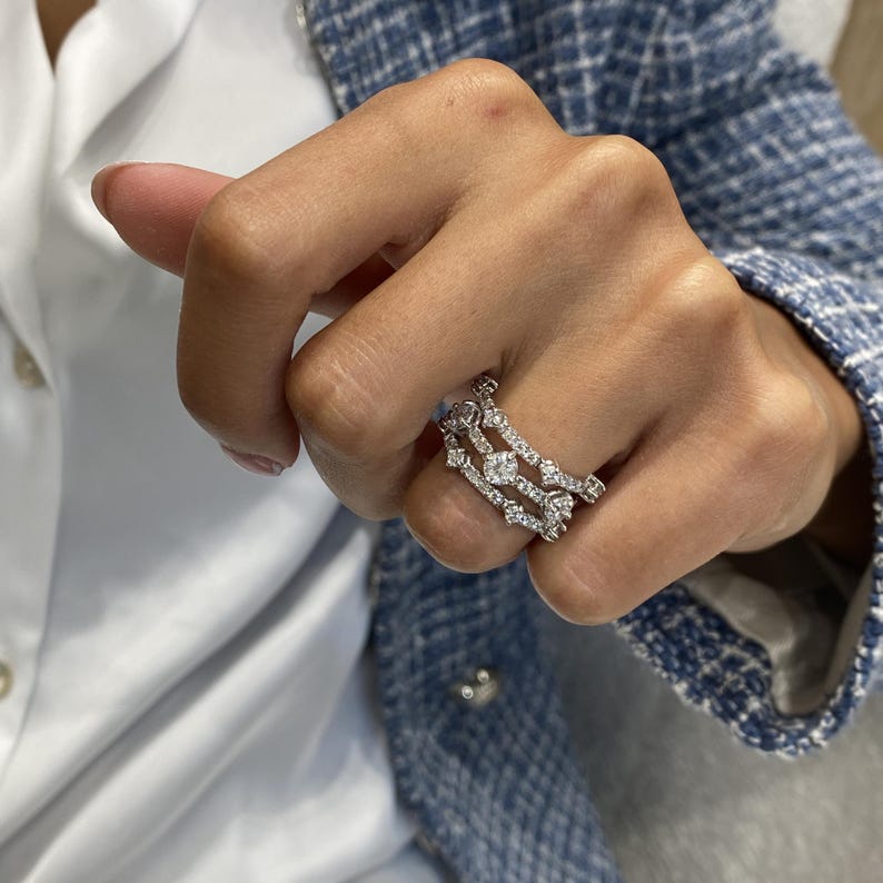 Solid 14K White Gold Ring, Round Cut Diamond 3 Row Ring, 1.75ct E/VVS2 Lab Created Diamond, Eco Friendly Diamond, Gift for Women