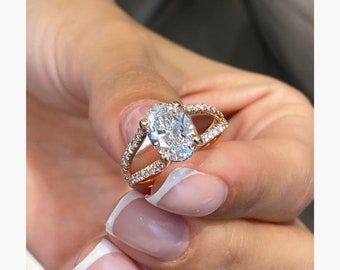 14k Rose Gold Ring, Split Shank Promise Ring, 2.35 Ct IGI Certified E/VS1 Oval Cut Lab Diamond Engagement Ring