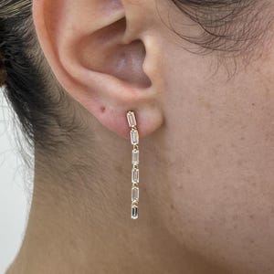Baguette Cut Prong Set Diamond Drop Earrings, 1.35 Carat E/VVS2 Lab Created Diamond, Solid 14K Yellow Gold, Elegant Gift for Women