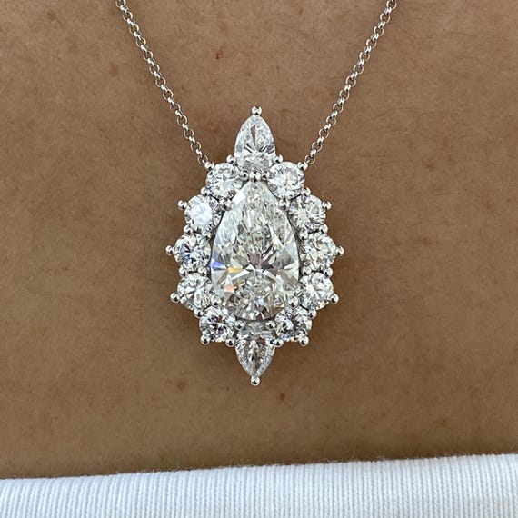 14K White Gold Pendant With Pear White Sapphire & Diamond Accents - 9x7mm, 18" Chain