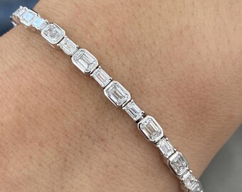 6.50ct Emerald Cut Diamond Tennis Bracelet, Solid 14K White Gold, Certified E/VVS2 Lab Created Diamond, Bezel & Prong Setting, Women