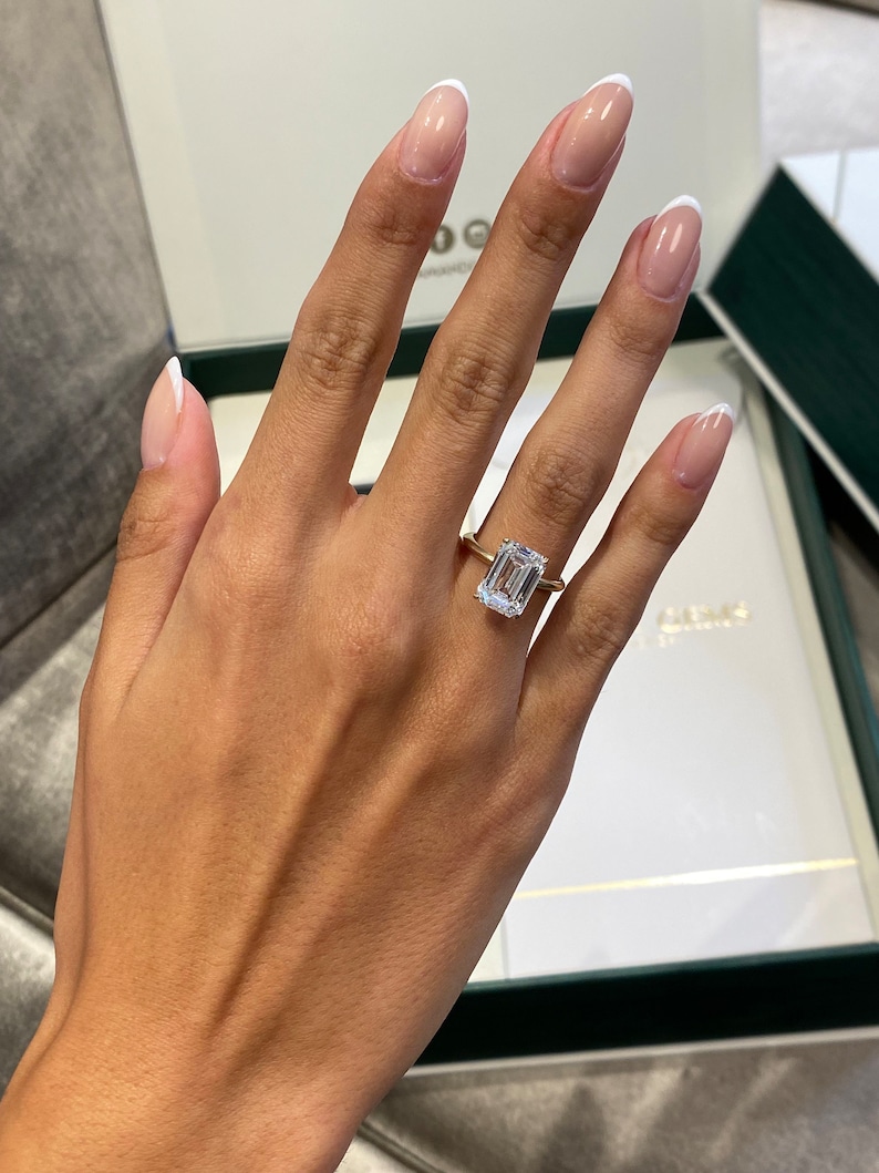 Diamond Solitaire Engagement Ring, 4.5 Ct IGI Certified E/VVS2 Emerald Cut Lab Diamond, 14k Yellow Gold Ring, SPLENDID 4 Prong Set Ring