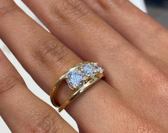 Three Stone Engagement Ring, Solid 14k Yellow Gold Ring, Unique Design Ring, 1.55 Carat E/VVS2 Round Cut Lab Grown Diamond