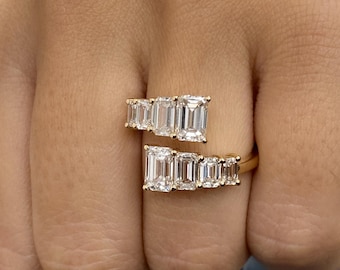 14K Yellow Gold Ring, Emerald Cut Diamond Open Band Ring, 3.4ct E/VVS2 Lab Created Diamond, Eco Friendly Diamond, Anniversary Gift