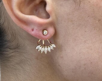 Pendientes de diamantes sintéticos de talla marquesa y redonda de 1,2 quilates, pendientes tipo ear jacket de oro amarillo de 14k, joyería de oro macizo, E/VVS2