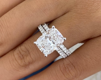 Bridal Set Rings Set 14K White Gold 4.97ct IGI Certified E/VVS2 Cushion Cut Lab Created Diamond 4-Prong Setting Round Side Stones Cut