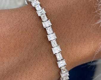 Diamond Tennis Bracelet 11.35ct, Glamorous Emerald Cut E/VVS2 Clarity Lab Created Diamond, Prong Set, White Gold 18K Eco Diamond Bracelet