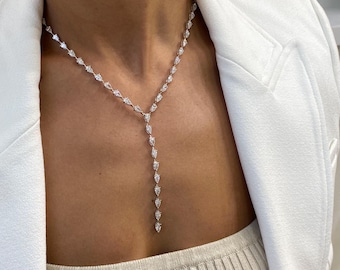 Collar de oro blanco de 14 quilates, collar tipo lariat con diamante talla pera, diamante creado en laboratorio de 14,8 ct E/VVS2, diamante ecológico, regalo de cumpleaños