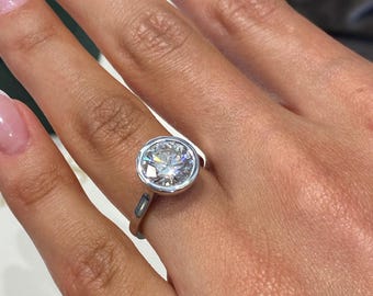 14k White Gold Lab Diamond Ring, Classic Anniversary Ring, 2 Carat Certified E/VVS2 Round Cut Lab Grown Diamond Bezel Set Engagement Ring