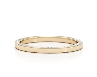 Modern 0.50 Ct Lab Grown Diamond Wedding Ring, E/VVS2 Clarity Round Cut, Solid 14k Yellow Gold, Pave Set Band, Stacking Ring, Gift for Women