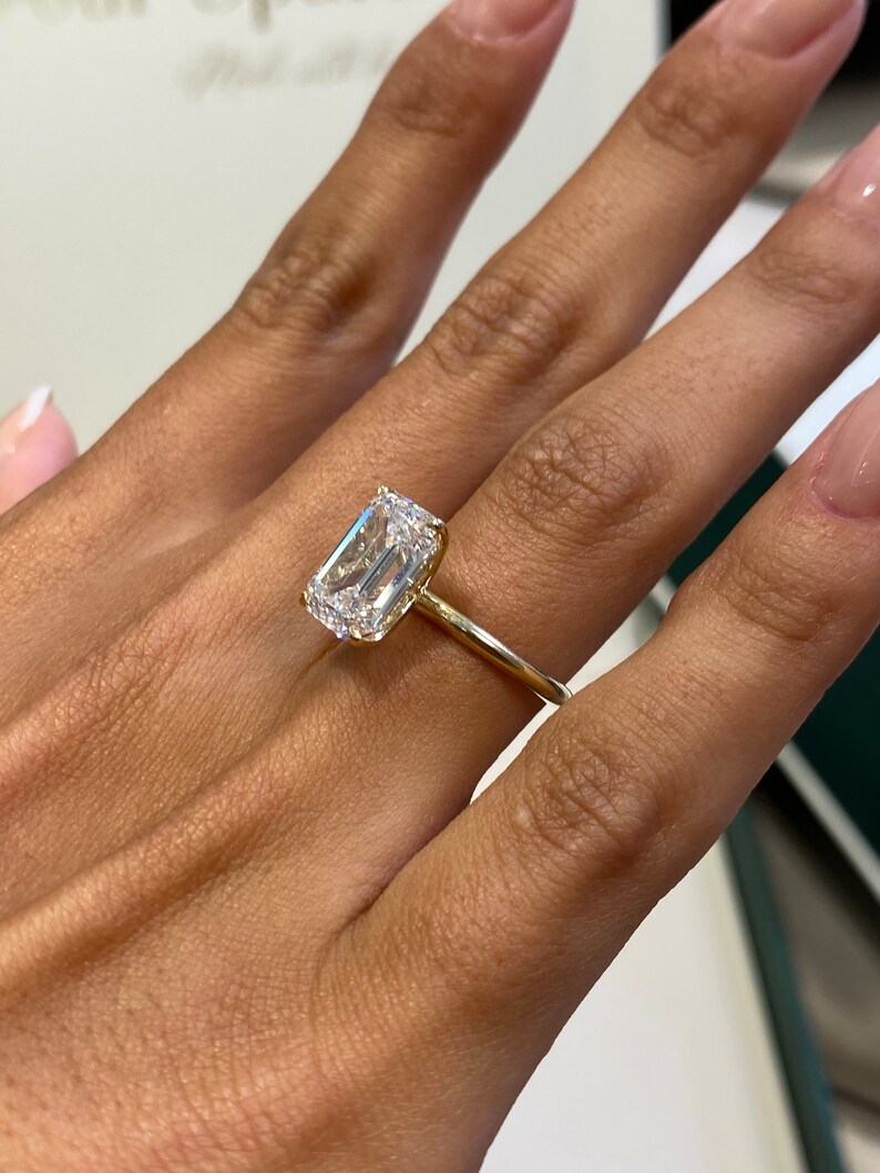 Diamond Solitaire Engagement Ring, 4.5 Ct IGI Certified E/VVS2 Emerald Cut Lab Diamond, 14k Yellow Gold Ring, SPLENDID 4 Prong Set Ring
