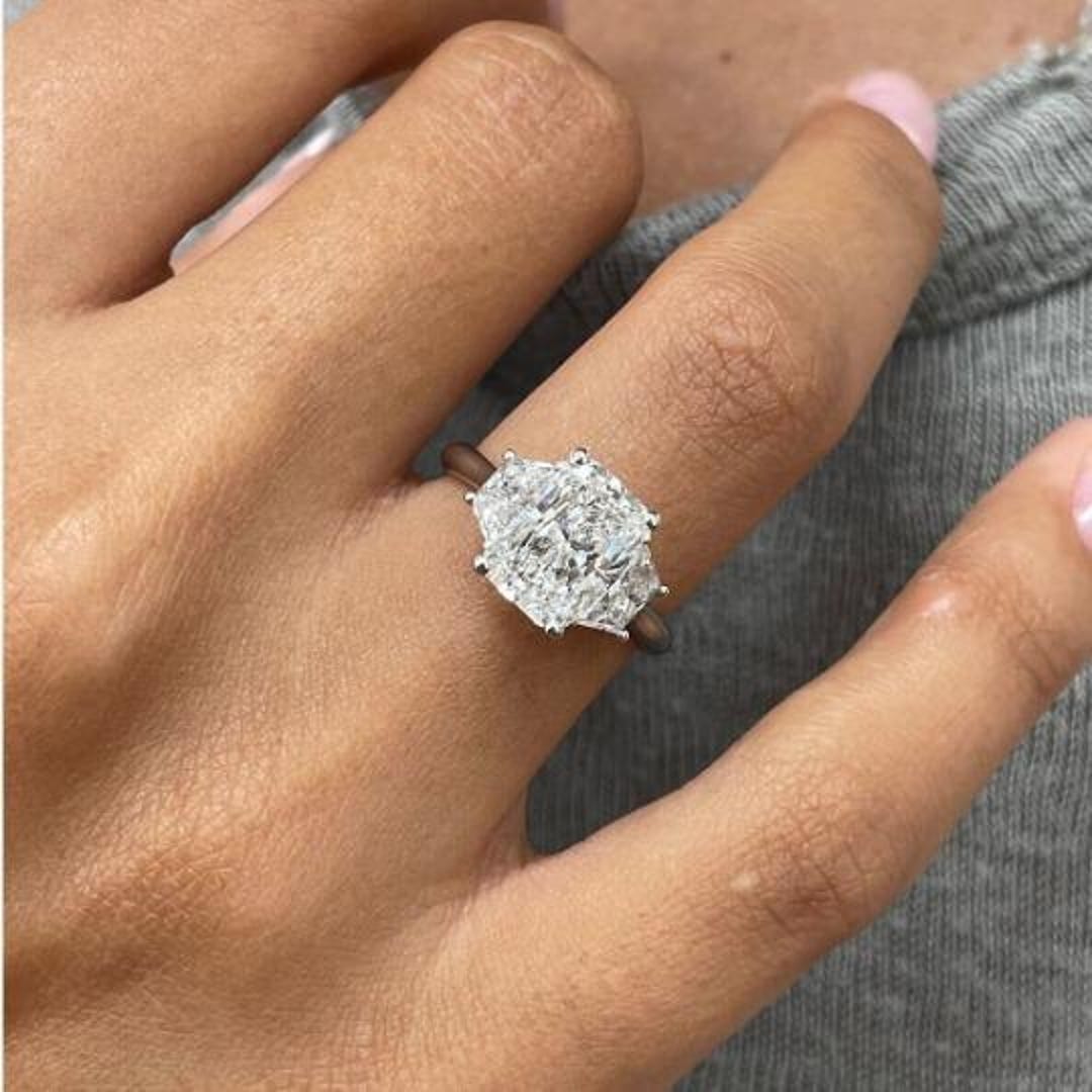 Radiant Cut Lab Grown Diamond Three Stone Set Engagement Ring, 14k