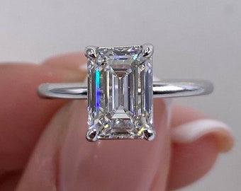 Real 14k White Gold Engagement Ring, 2.00 Ct IGI CERTIFIED E/VS1 Lab Grown Diamond Emerald Cut Proposal Ring, Wedding Anniversary Gift