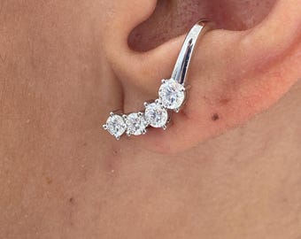 Solid 14K White Gold, Round Cut Diamond Climber Earrings, 1.6ct E/VVS2 Lab Created Diamond, Eco Friendly Diamond, Birthday Gift