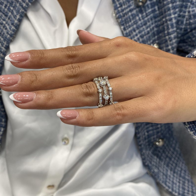 Solid 14K White Gold Ring, Round Cut Diamond 3 Row Ring, 1.75ct E/VVS2 Lab Created Diamond, Eco Friendly Diamond, Gift for Women