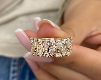 1.58 Carat Pear and Round Cut Diamond Stackable Ring, E/VVS2 Lab Grown Diamond, Solid 14k Yellow Gold Wide Band, Ring for Women