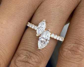 14K Rose Gold Ring, Marquise & Round Cut Diamond 2 Stone Ring, 1.5ct E/VVS2 Lab Created Diamond, Eco Friendly Diamond, Anniversary Gift