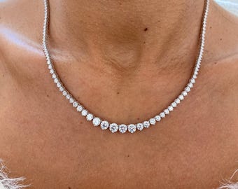 Elegant 9.25 Ct Round Cut Diamond Tennis Necklace, E/VVS2 Lab-Grown Diamond Necklace, Real 14K White Gold Necklace, Gift for Women