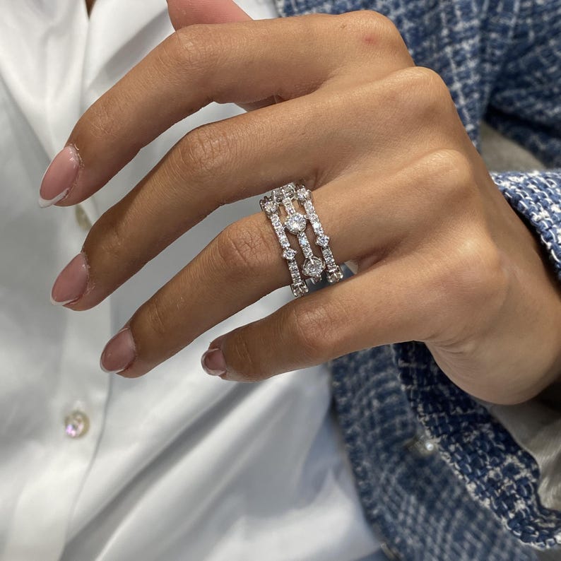 Solid 14K White Gold Ring, Round Cut Diamond 3 Row Ring, 1.75ct E/VVS2 Lab Created Diamond, Eco Friendly Diamond, Gift for Women
