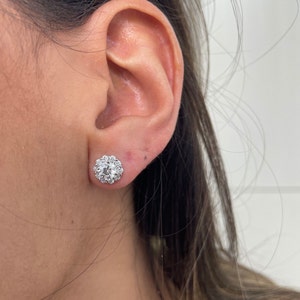 1.40 Ct Modern Round Diamond Earrings; Classic Halo Diamond D VVS1 Earrings 14K White Gold D-Color, VVS1-Clean Diamonds Solid Gold Halo