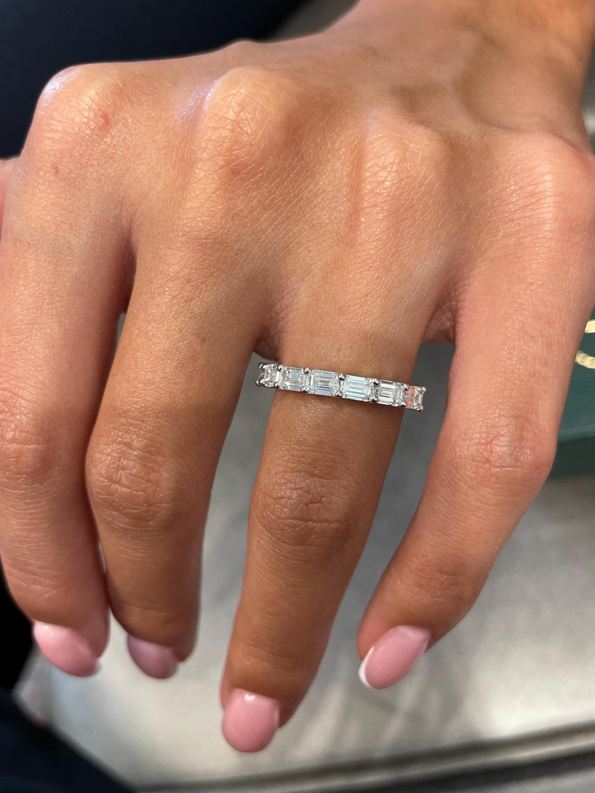 1.40 Carat Emerald Cut Lab Grown Diamond Stackable Ring, Solid 14 White Gold, Shared-Prong Set, 7 Stones Half Eternity Ring, CERTIFIED E/VS1