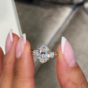 14k Yellow Gold Proposal Ring, Three Stone Set Ring, Round Diamond Side Stone, 2.36 Ct E/VVS2 Lab Diamond Oval Cut Diamond Engagement Ring