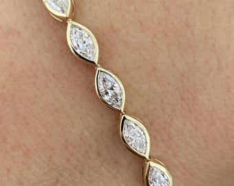Bracciale con diamanti sintetici taglio marquise da 3,8 ct, colore E, purezza VVS2, in oro giallo 14 carati, bracciale tennis, regalo di anniversario ecologico per donne.