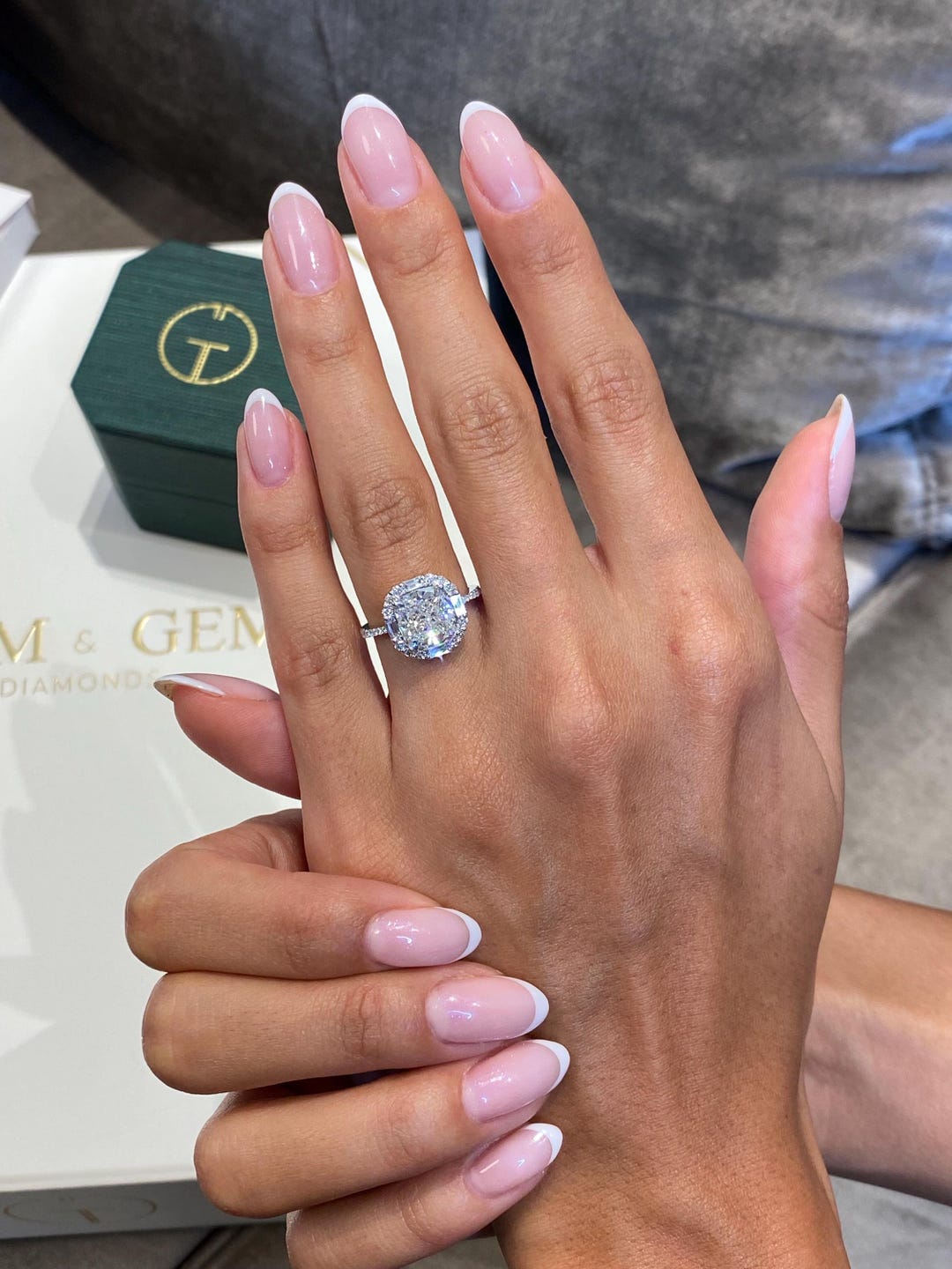 Real 14k White Gold Halo Set Ring, Baguette & Round Side
