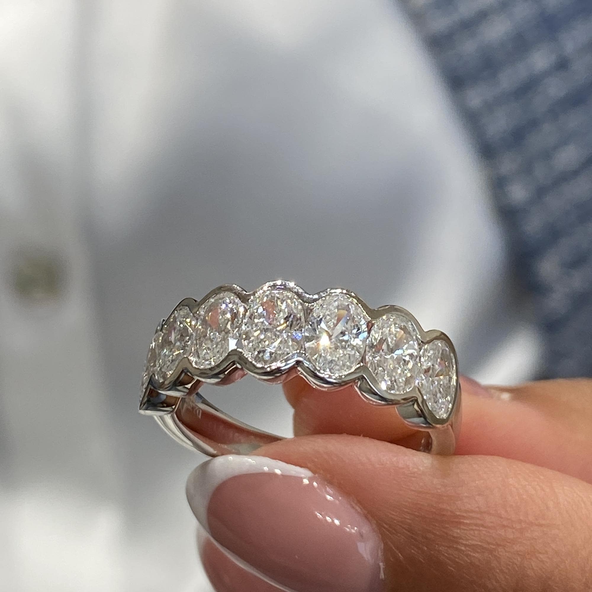 Sparkling 2.18 Carat Oval Cut Lab Created Diamond Stacking Ring, 14k White Gold Bezel Setting, Half Eternity Wedding Band, E/VVS2