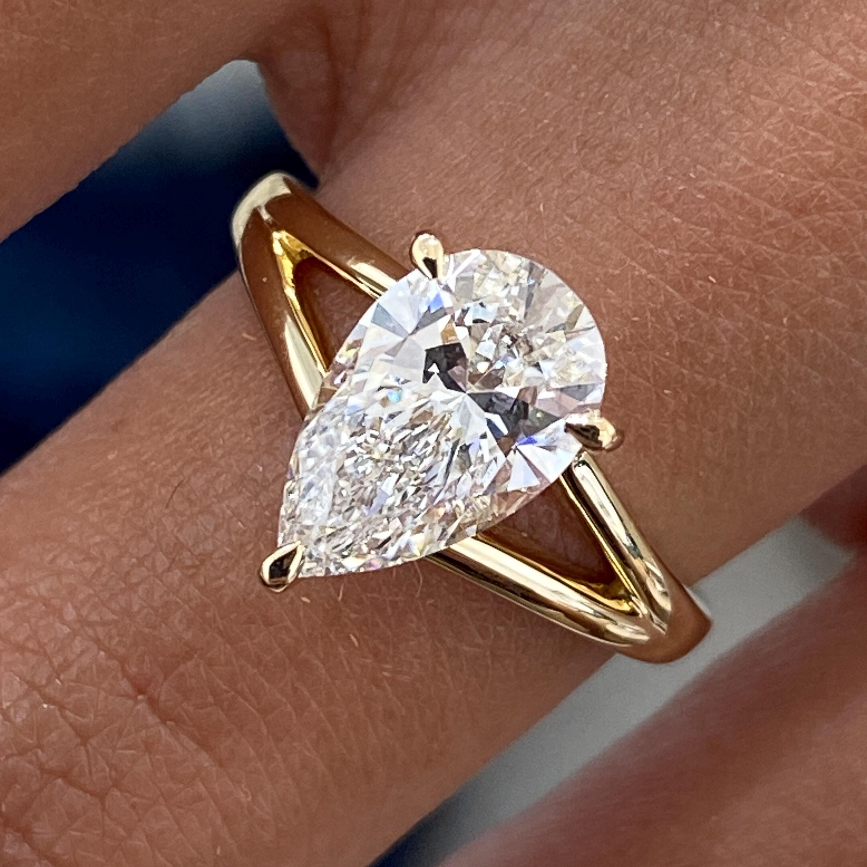 Lab-Grown Diamond Engagement Ring, Elongated 1.57 Ct Pear Cut Diamond Hidden Halo Set Ring, 14k Yellow Gold Split Shank Ring, Proposal Ring