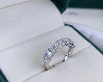 Oval Cut Lab Created Diamond Half Eternity Band Ring, Solid 14k White Gold, 1.80 Ct E/VVS2 Pave Setting, Wedding Band, for Women