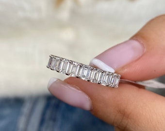 Diamond Wedding Band, 4.06 Ct Emerald Cut Diamond Prong Set Eternity Band, 14k White Gold Ring, Certified D-E/VVS-VS1 Lab Grown Diamond