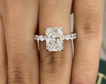 Elongated Radiant Cut Lab Grown Diamond Engagement Ring, 14k White Gold Ring Hidden Halo Set Ring, 4.41 Ct IGI Certified E/VVS2 Clarity
